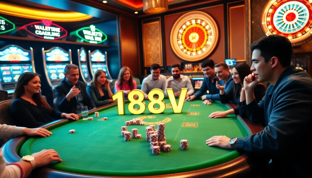 Players engaging at a colorful 188V-themed casino table full of excitement and strategy.