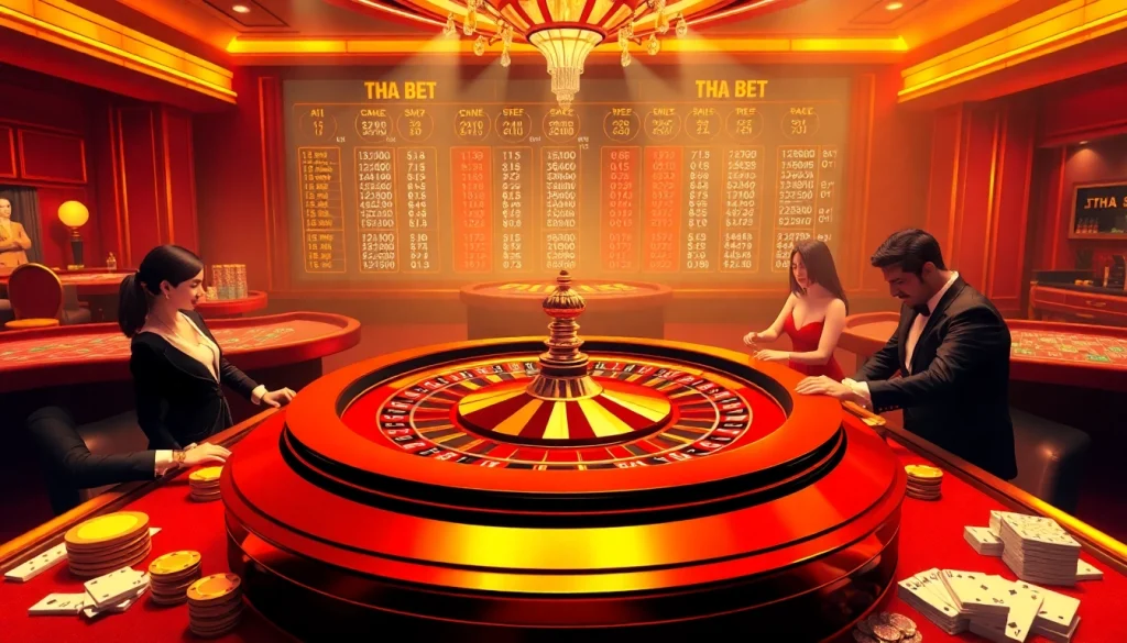 A thrilling casino scene depicting strategic gameplay at THA BET with roulette, poker chips, and cards.