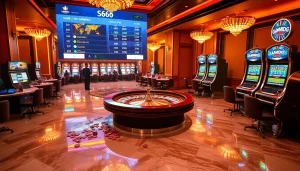 Players enjoying intense games at S666 casino with vibrant roulette and slot machines.