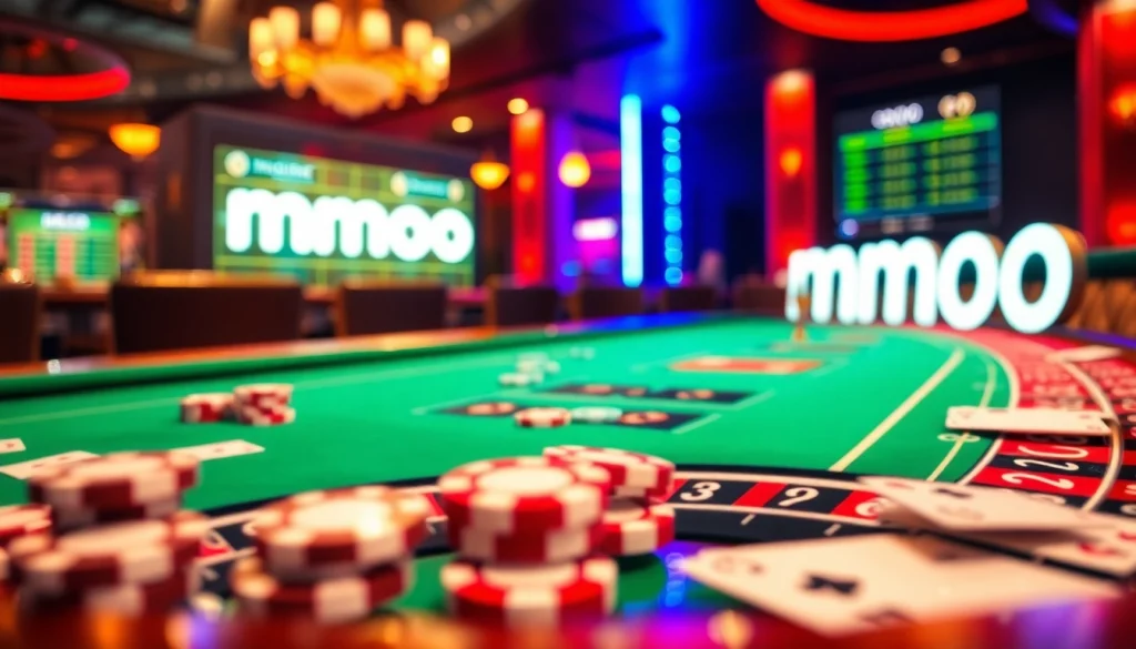 Experience the excitement of mmoo at a luxurious casino scene with roulette and poker.