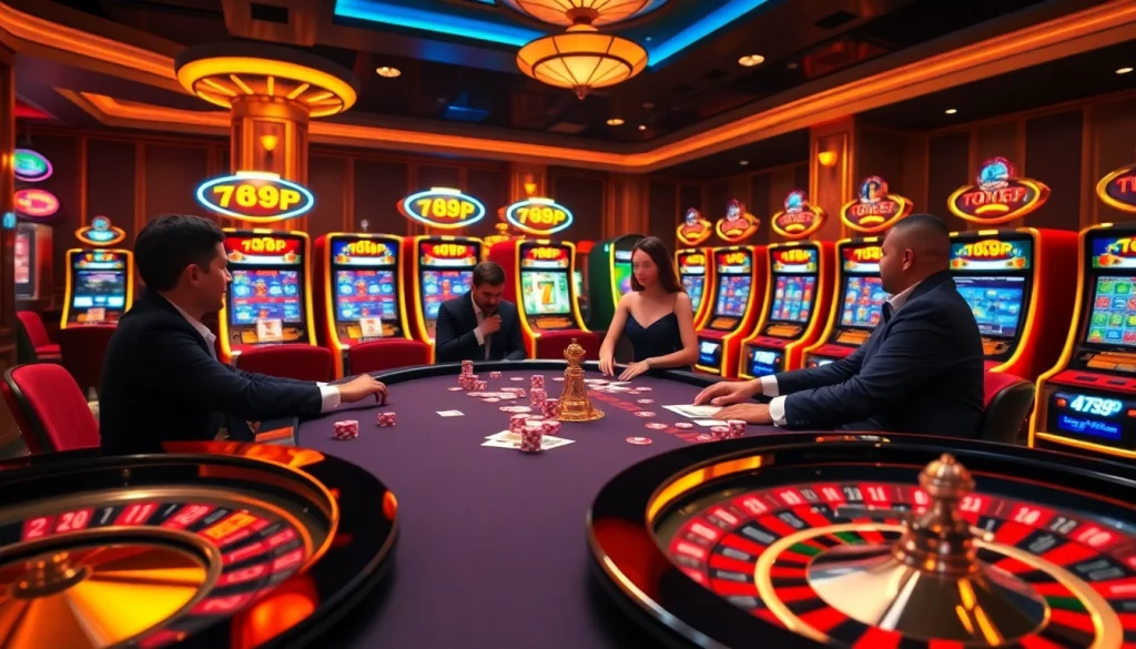 Experience high-stakes gambling at 789P with an elegant poker table and vibrant slot machines.