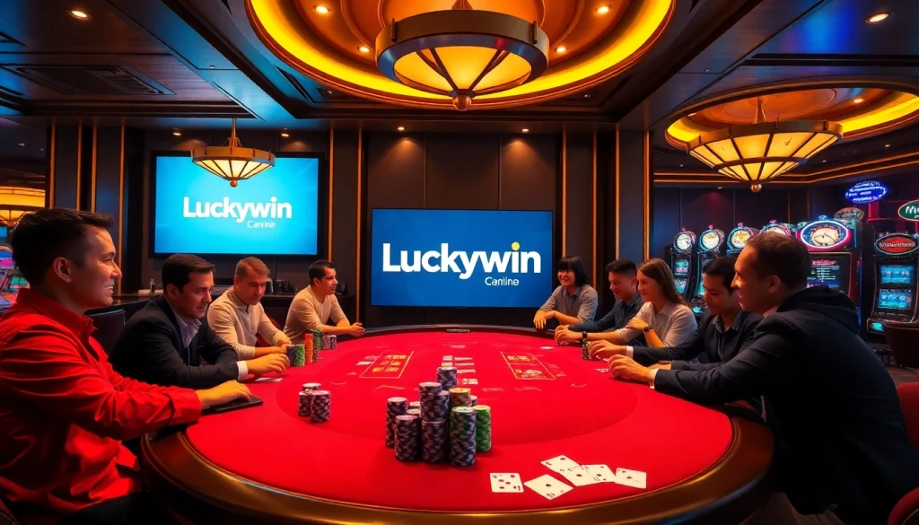 Experience the excitement of Luckywin with vibrant casino elements and luxurious poker setups.