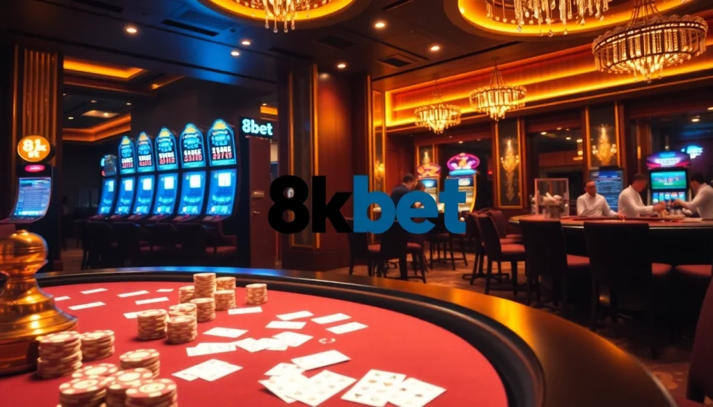 Engaging gambling scene with 8kbet showcasing vibrant slot machines and luxurious casino tables.