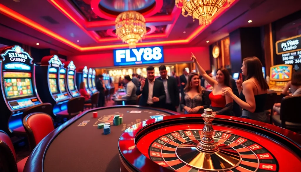 FLY88 excitement captured in a luxurious casino scene featuring poker tables and bright slot machines.