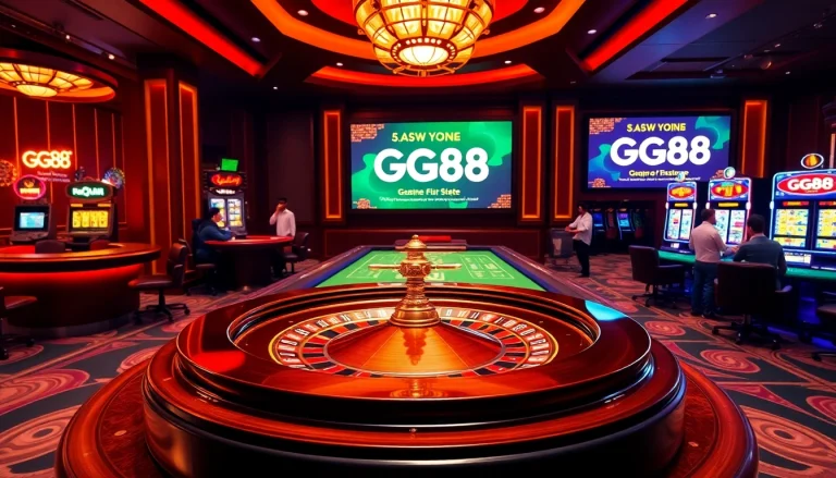 Exciting GG88 casino scene with vibrant tables, chips, and slot machines highlighting luxury gambling experience.