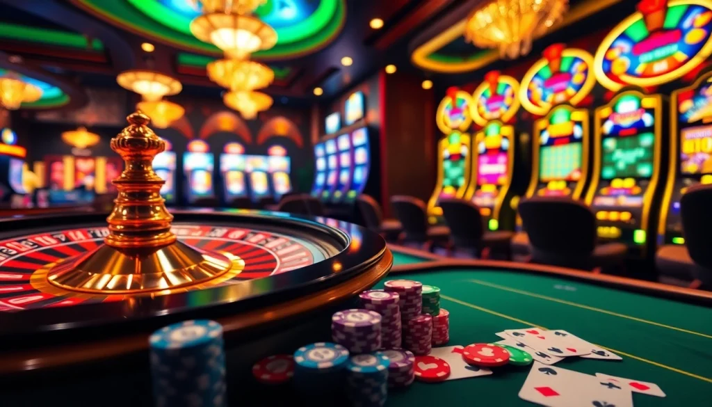 A thrilling casino experience at https://s8onl.com/ with a vibrant roulette wheel and poker chips.
