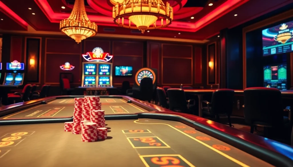 Engaging scene of a professional gambling experience at https://vua88h.com/, featuring vibrant casino tables and betting options.