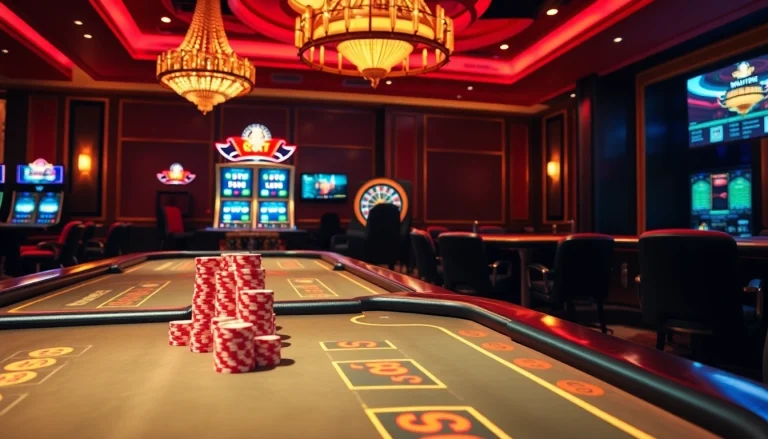 Engaging scene of a professional gambling experience at https://vua88h.com/, featuring vibrant casino tables and betting options.