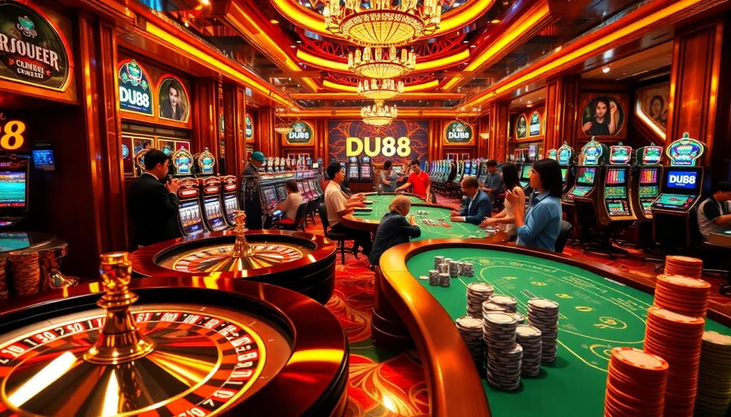 Engage in a thrilling casino experience featuring DU88-themed games, roulette wheels, and poker tables.