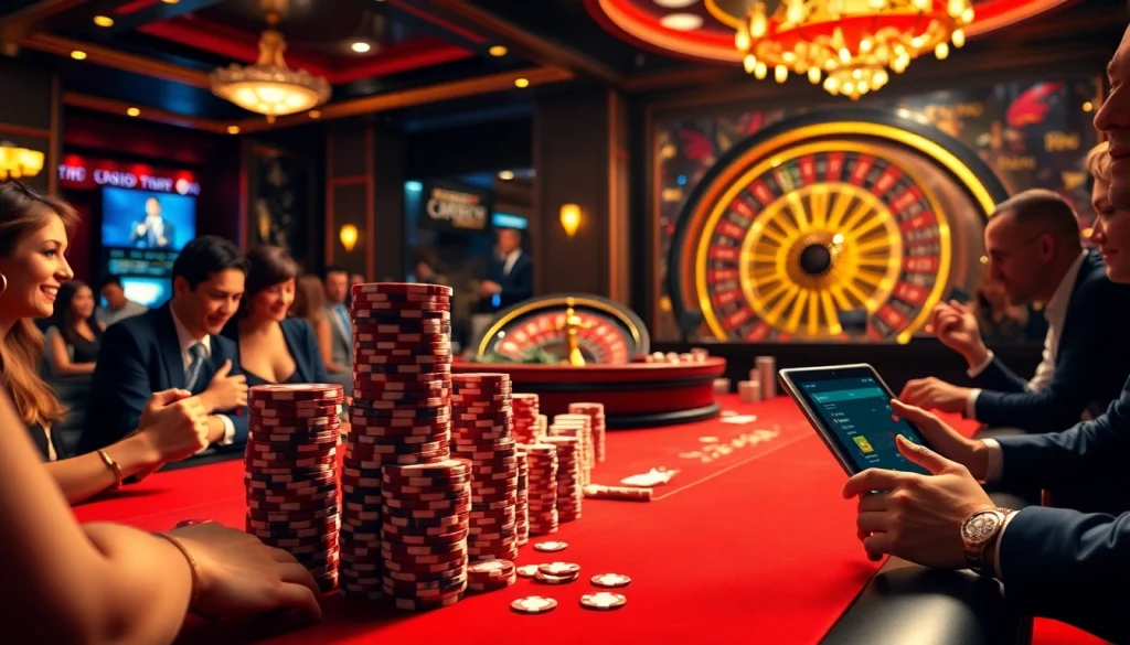 Players engaging at an 888new casino table, filled with poker chips and a roulette wheel.