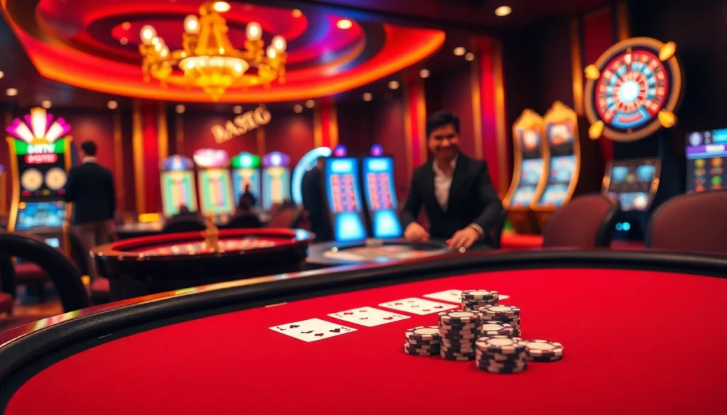Engaging gameplay at nhà cái x88's luxury casino with tables and vibrant roulette wheel.