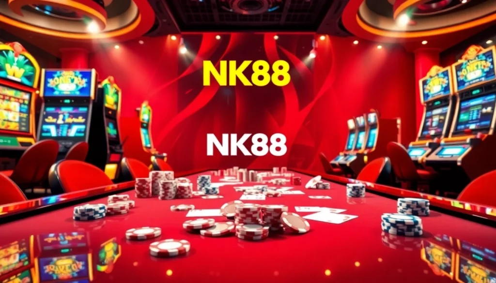 Engaging casino scene featuring NK88 logo and vibrant gambling elements like chip stacks and cards.