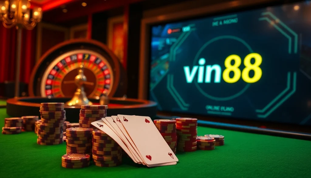 Experience the elegance of vin88's gaming tables filled with colorful poker chips and cards.