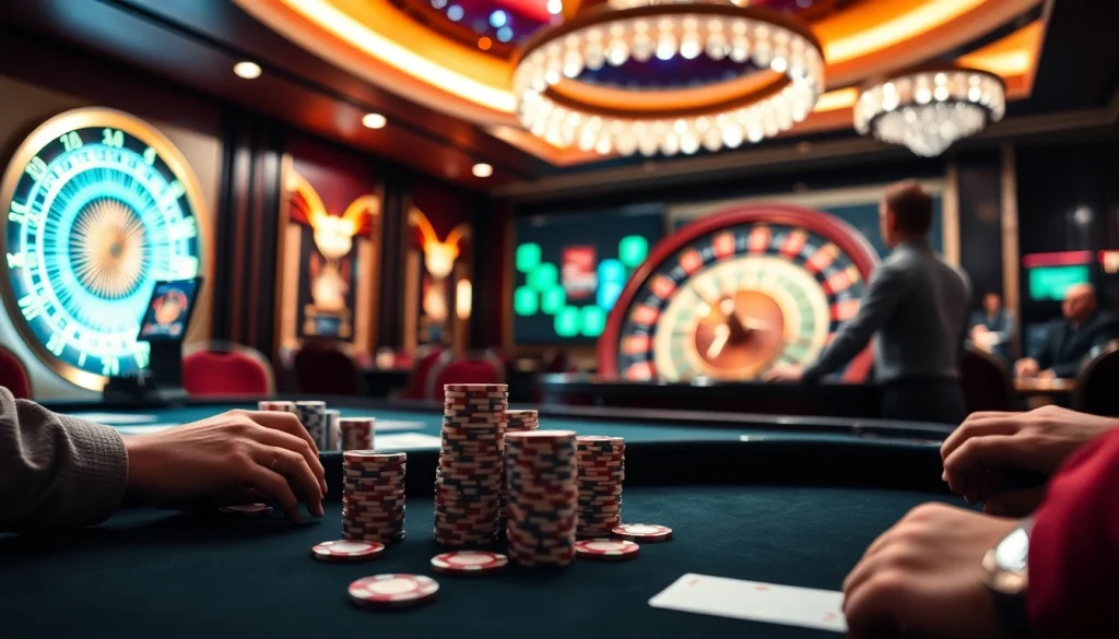 Engaging gamblers at a casino table with action from https://kjc.ac/ showcasing poker chips and cards.