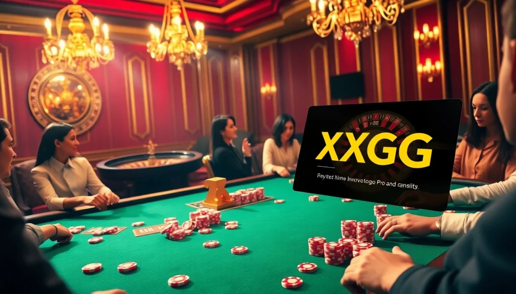 Players engage in high-stakes poker at XXGG, with luxurious chips and vibrant casino atmosphere.