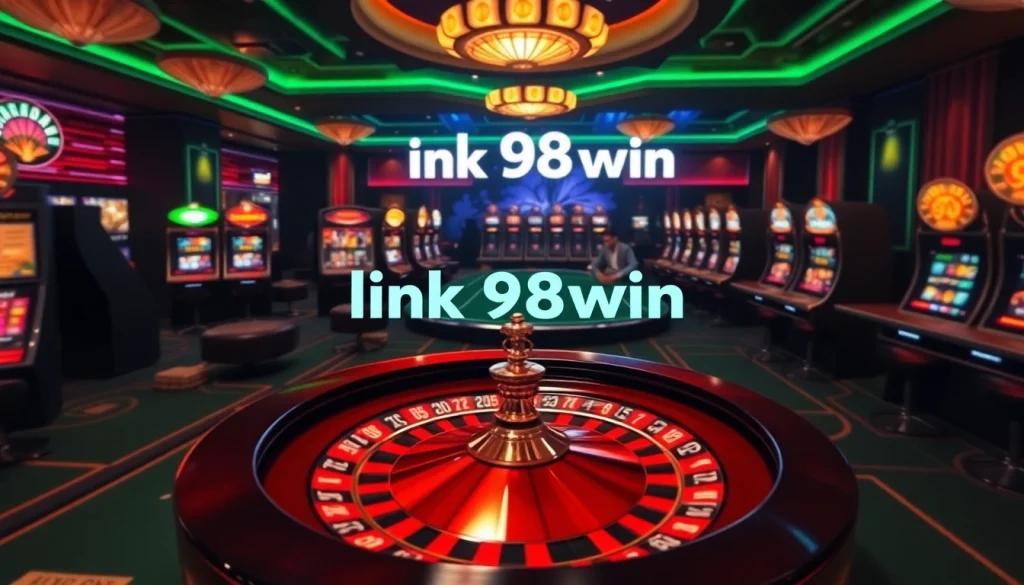 Experience excitement with link 98win at a luxurious casino featuring roulette and slot machines.