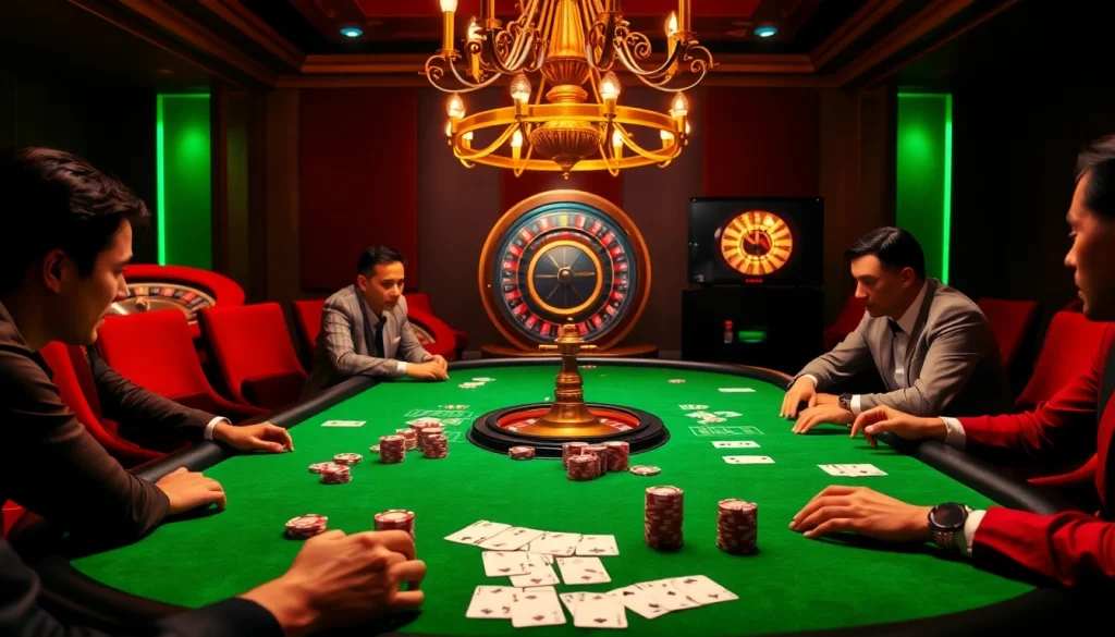Players strategizing at a poker table while enjoying the excitement of hay.win's thrilling casino atmosphere.