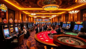 Gambling excitement at 39bet.com casino with players enjoying slot machines and poker tables.
