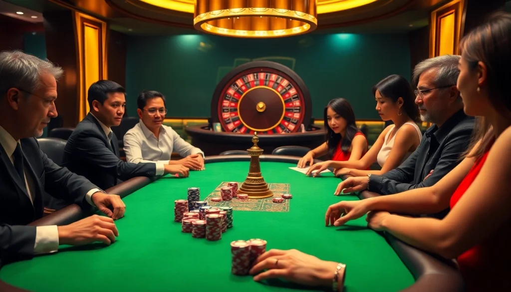 Go8 players engage in an exciting poker game at a vibrant casino table, showcasing thrilling gambling action.