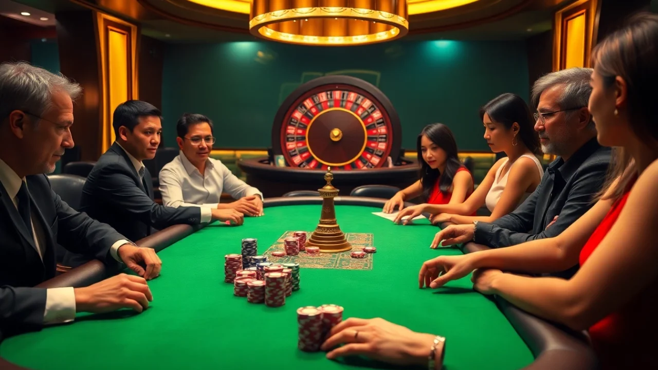 Go8 players engage in an exciting poker game at a vibrant casino table, showcasing thrilling gambling action.