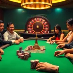 Go8 players engage in an exciting poker game at a vibrant casino table, showcasing thrilling gambling action.