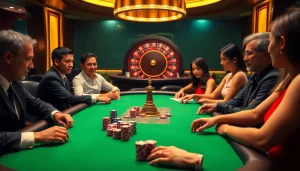 Go8 players engage in an exciting poker game at a vibrant casino table, showcasing thrilling gambling action.