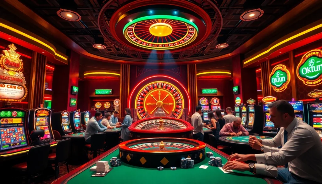 Engaging gamblers compete in a vibrant casino setting featuring the link OKFUN theme with roulette, slots, and poker.