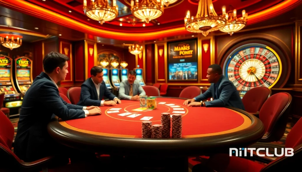Experience the excitement of HITCLUB casino with players at a high-stakes poker table.