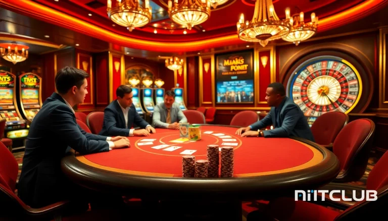Experience the excitement of HITCLUB casino with players at a high-stakes poker table.