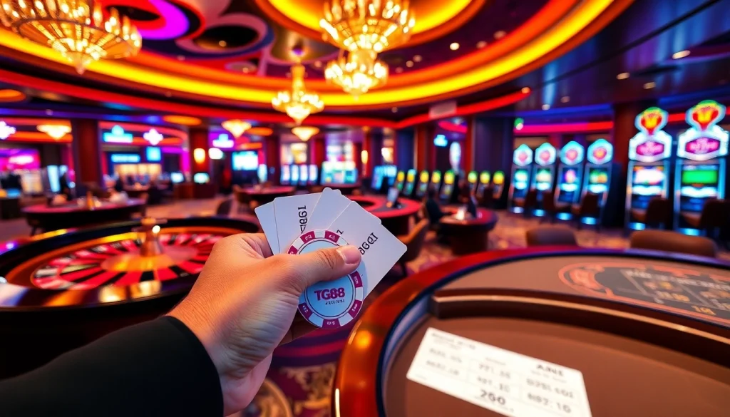Engaging scene of a luxurious casino with poker chips featuring TG88, setting an exciting gambling atmosphere.