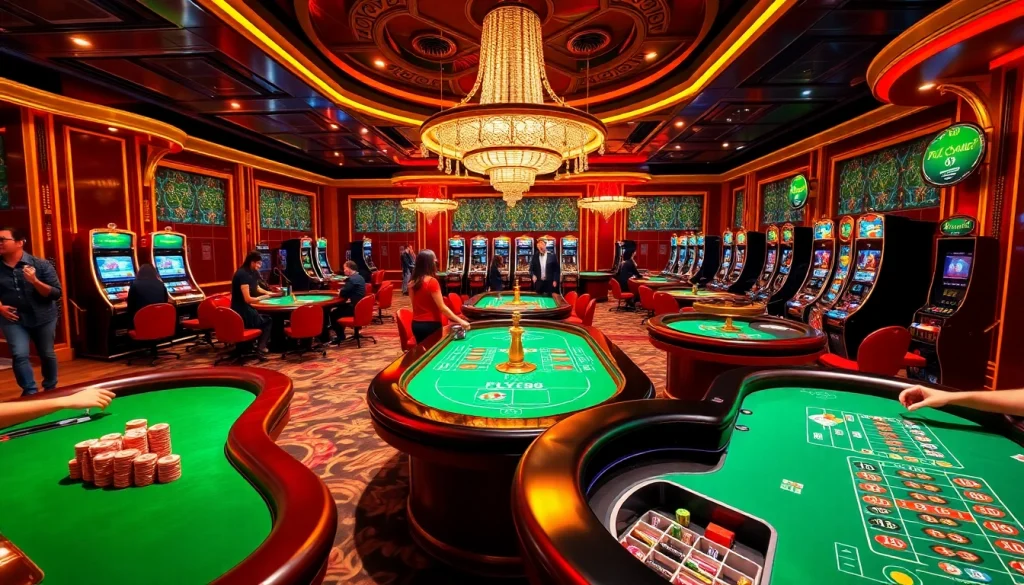 FLY88 casino gaming scene with players at poker tables and vibrant slot machines.