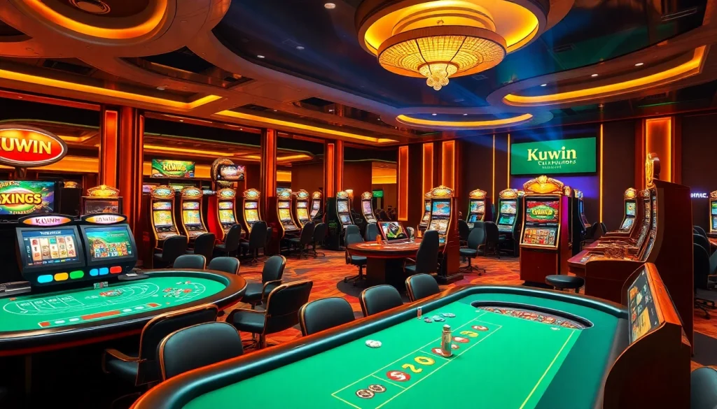 Kuwin online casino vibrant gaming interface with players engaging at poker tables and slot machines.