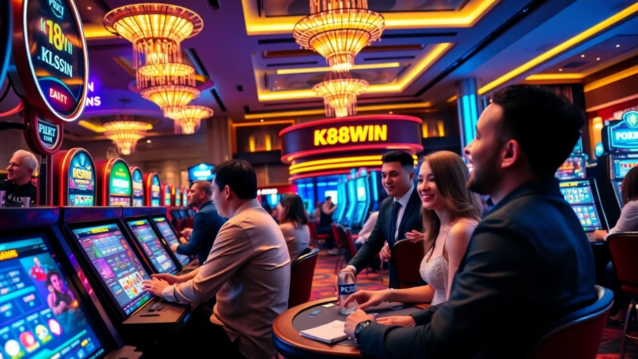 Exciting k88win casino scene with players engaged in thrilling games, showcasing vibrant atmosphere.