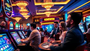 Exciting k88win casino scene with players engaged in thrilling games, showcasing vibrant atmosphere.