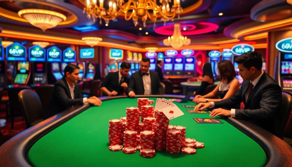 Players enjoying a high-stakes poker game at 68VIP casino with vibrant atmosphere.