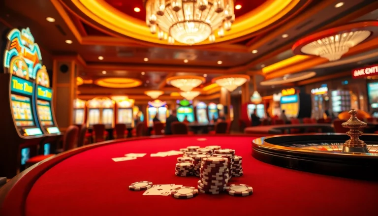 Experience thrilling casino action at https://okfunb.com/ with poker tables, vibrant slots, and a roulette wheel.