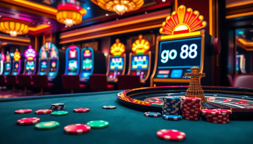 Engage with the go 88 digital slot machines in a vibrant casino scene filled with excitement.