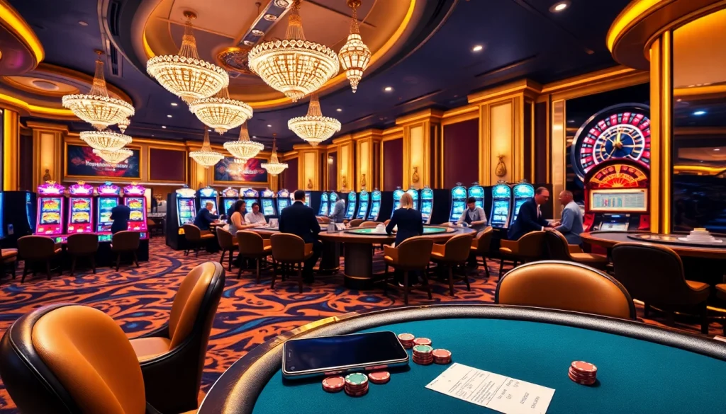 Exciting gaming atmosphere at S8 casino with luxurious tables and slot machines.