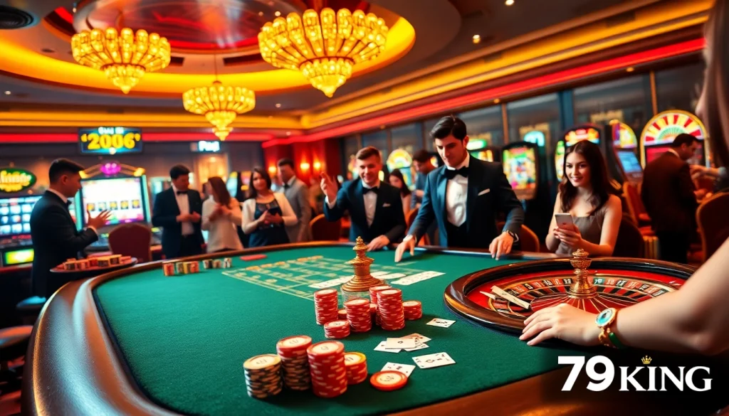 Engaging scene at Nhà cái 79KING casino with players around the poker table.