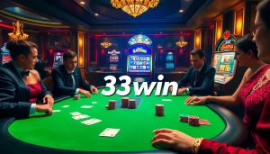 Players enjoying a high-stakes poker game at 33win casino, surrounded by vibrant chips and cards.