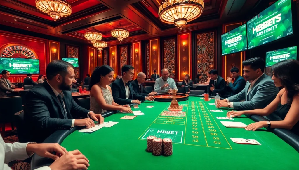 Players betting at a luxurious HBBET casino table with poker chips and cards.