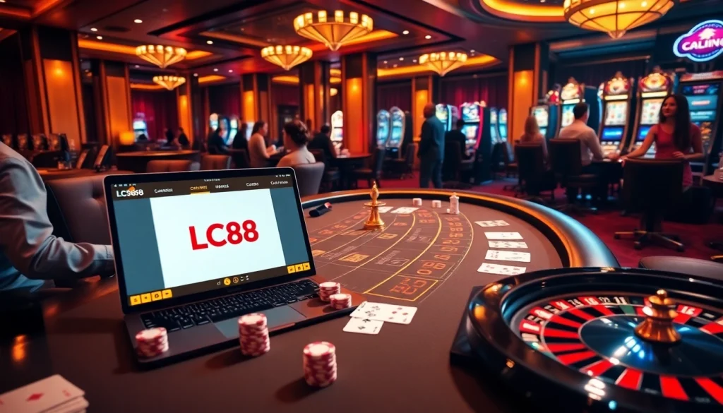 Exciting online gambling scene with the LC88 logo featuring poker chips, cards, and a roulette wheel.