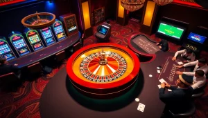 Experience the thrill of NK888 at an elegant casino with roulette and blackjack action.