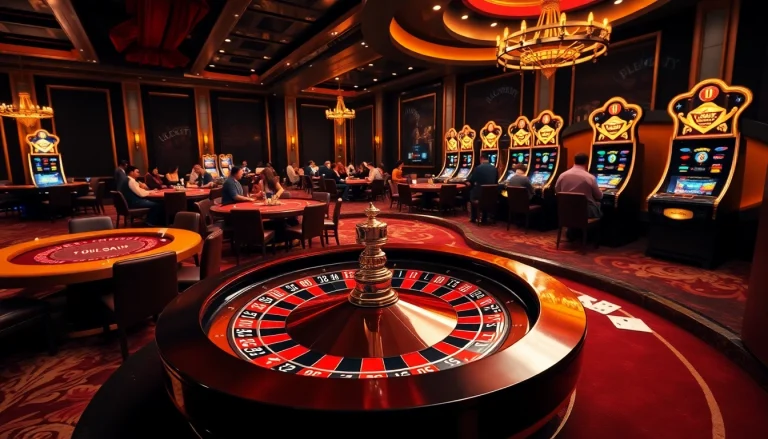 LUCKYWIN casino scene showcasing poker tables, roulette wheel, and vibrant gamblers in luxury ambiance.