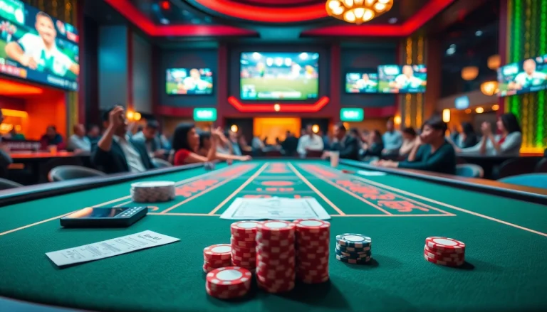 Kèo bóng đá betting scene with players engaged at a casino table surrounded by sports fans cheering.
