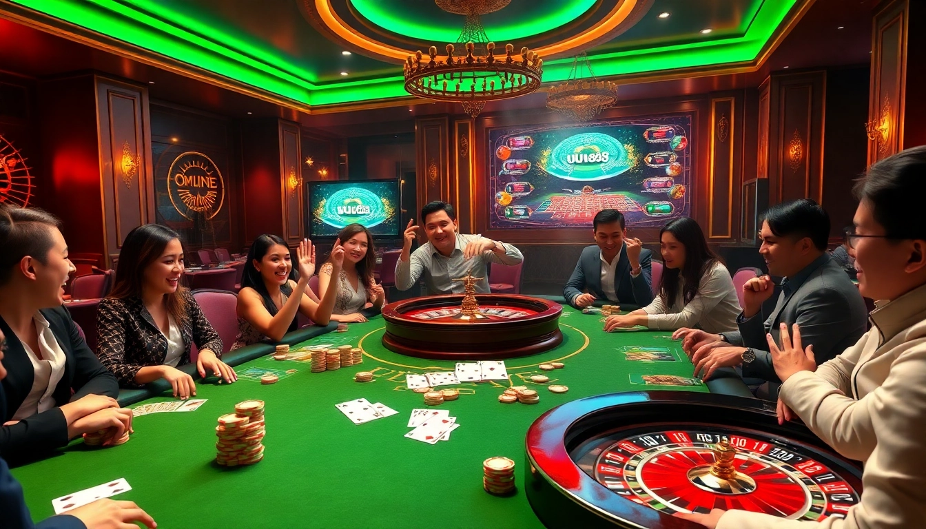 Dynamic poker scene showcasing nhà cái online UU88 with vibrant colors and engaging players.
