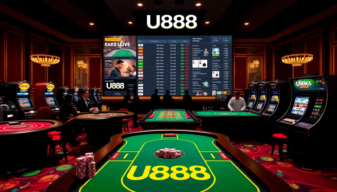 Experience U888's thrilling online gambling environment with lively casino tables and sleek slot machines.