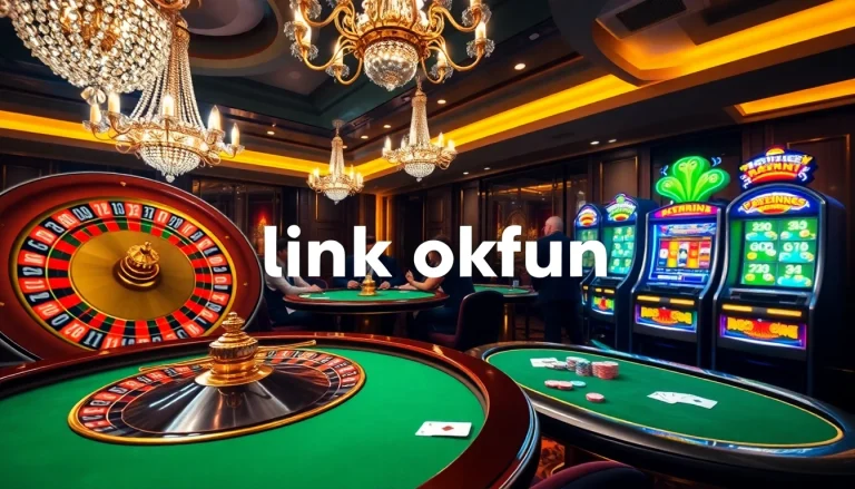 Engage in an exciting casino atmosphere with link okfun, showcasing roulette lights and poker gameplay.