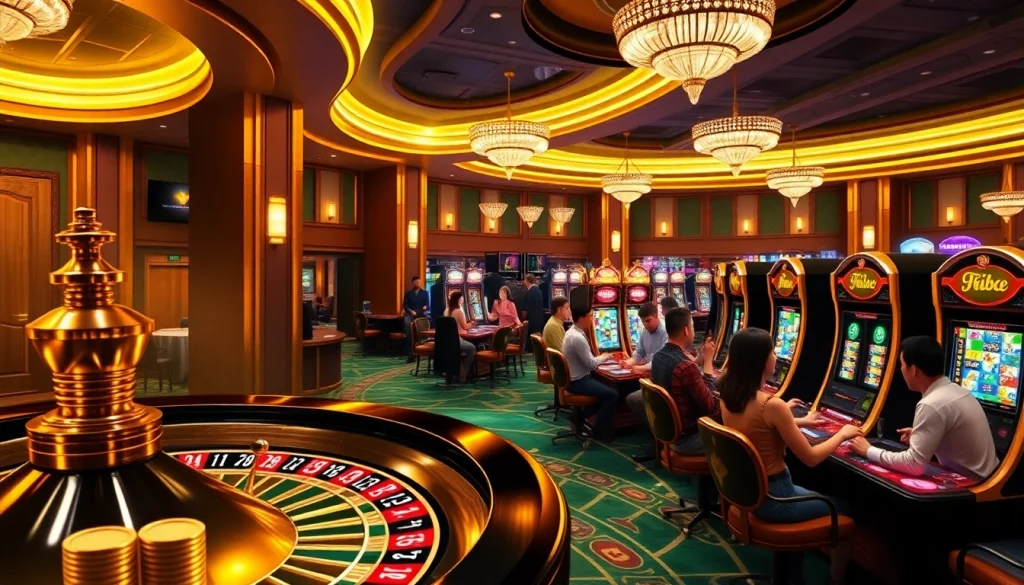 MM88 online casino scene showcasing poker chips, a roulette wheel, and engaged players.