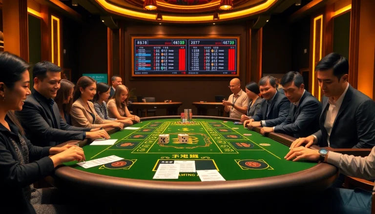 Players enjoying Game tài xỉu at a luxurious casino table with dice and chips.